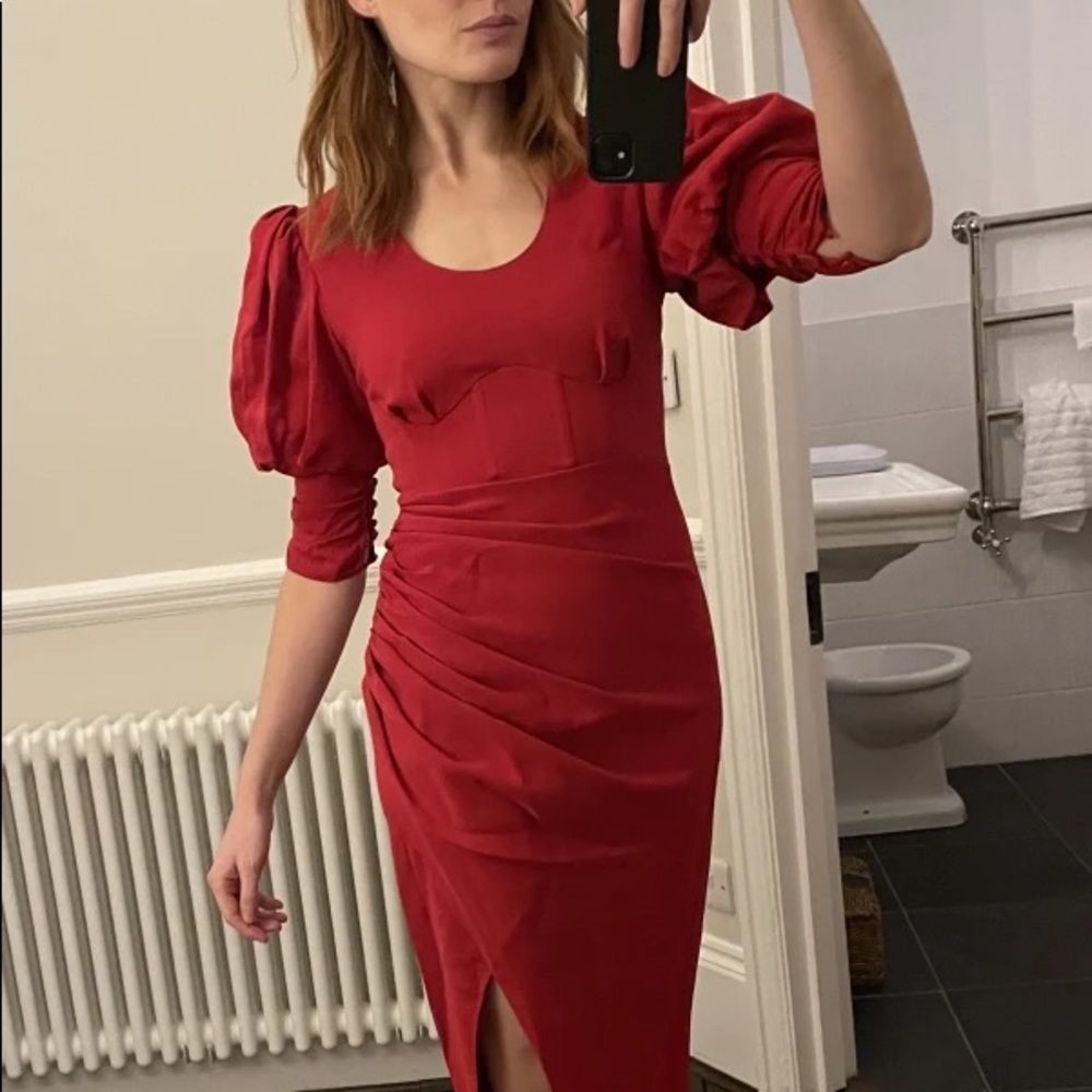 SELF-PORTRAIT RED STRETCH CREPE MIDI DRESS ✨